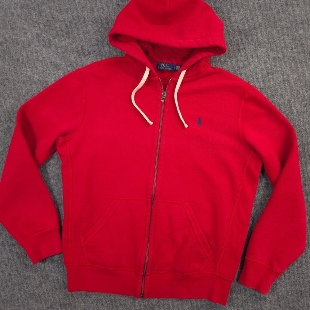 Polo Ralph Lauren Hoodie Mens M Red Full Zip Navy Pony Logo Heavyweight Preppy